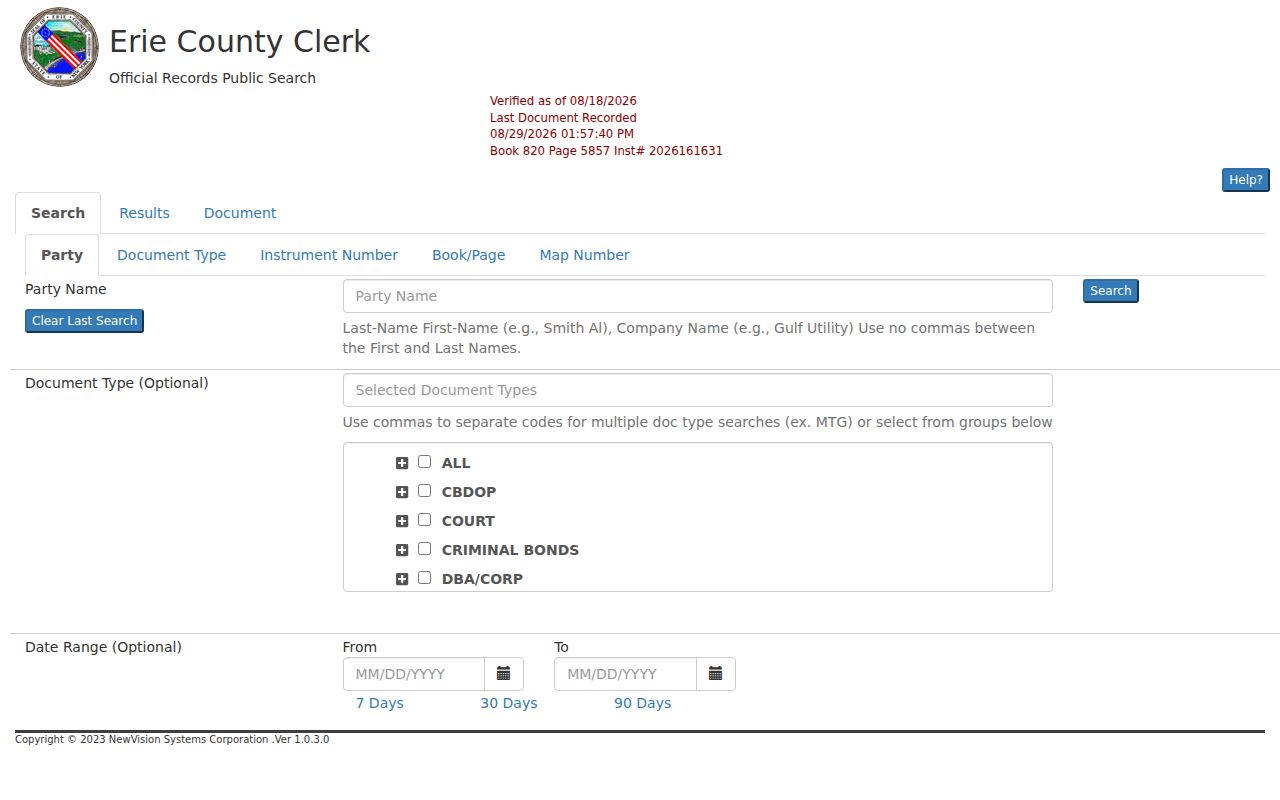 Erie County previous residents BrowserView party document and parcel fields