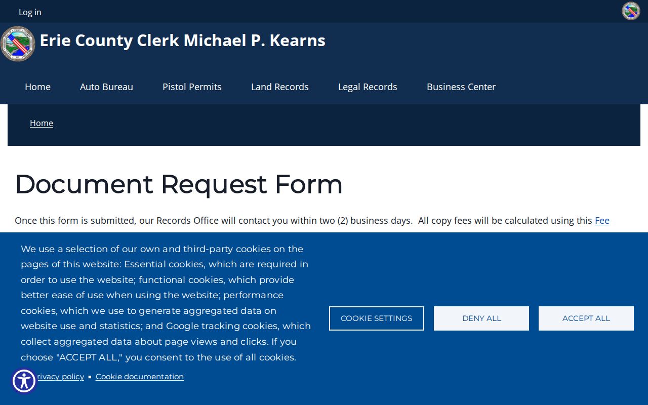 Erie County previous residents online document request form fields